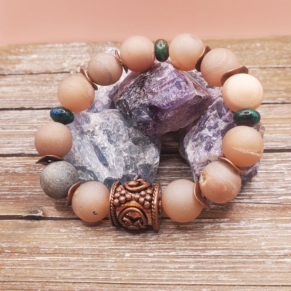 Champagne Druzy Agate, Chrysocolla, and Copper Beaded Bracelet